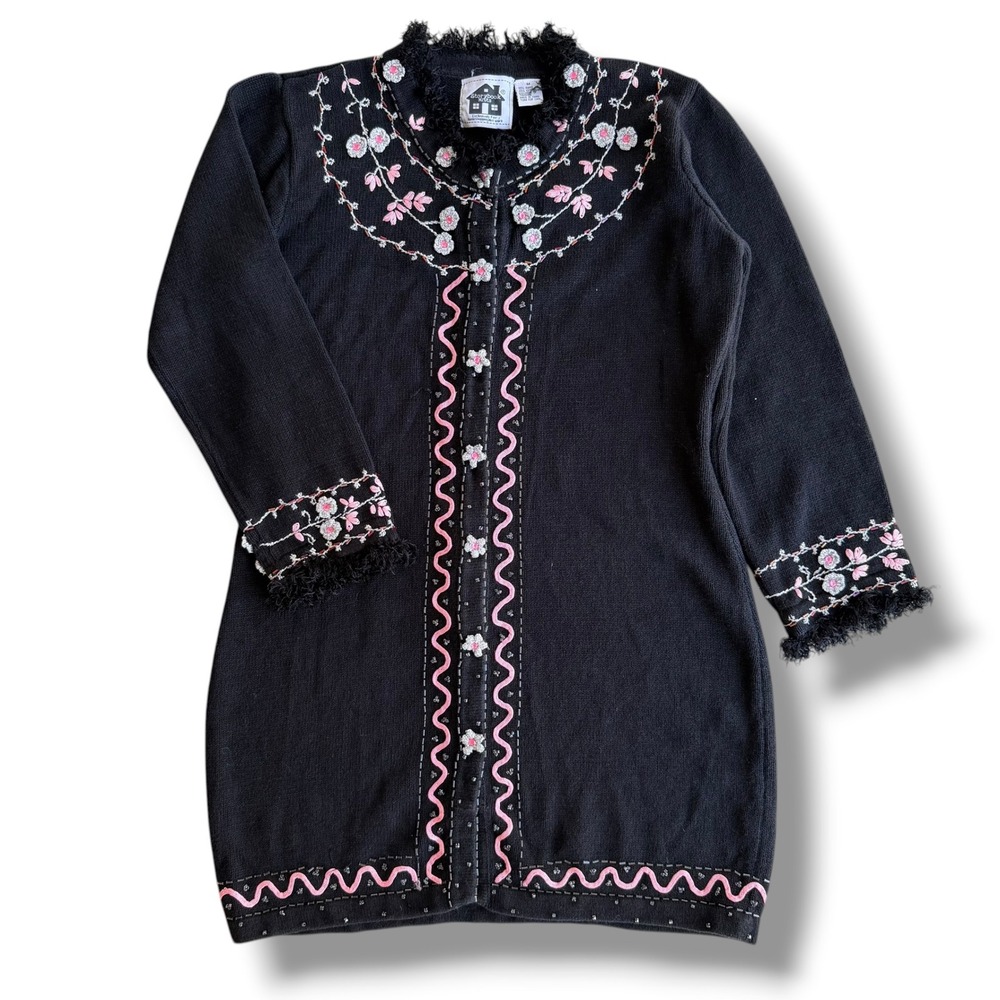 Storybook Knits Vintage M Black Floral Beads Fringe Cardigan Sweater Cottagecore - Picture 2 of 16